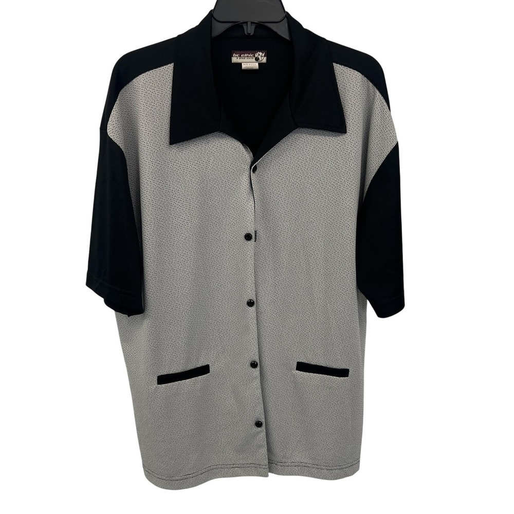 BC Ethic Shirt Mens XL Gray Black Geometric Knit Button Made USA‎ Bowling Camp